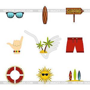 Swimming on surfboard icons set, flat style - vector image