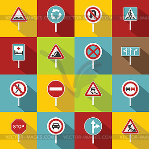 Different road signs icons set, flat style - vector clip art