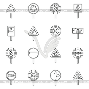 Набор иконок различных дорожных знаков, стиль контура - векторное графическое изображение