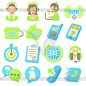 Call center items icons set, cartoon style - vector image