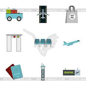 Flying on plane icons set, flat style - vector clip art