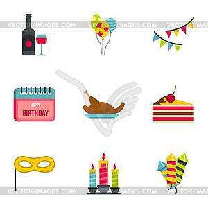 Children party icons set, flat style - vector image