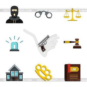Crime icons set, flat style - vector image