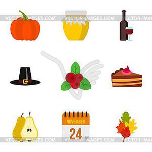 Thanksgiving day icons set, flat style - vector image