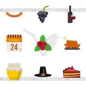 Thanksgiving feast icons set, flat style - vector clip art