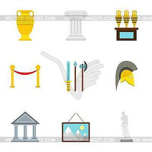 Historical museum icons set, flat style - stock vector clipart