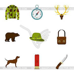 Hunting icons set, flat style - vector clipart