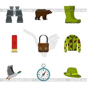 Bird hunting icons set, flat style - vector clip art