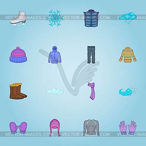Winter clothes icons set, cartoon style - vector clipart