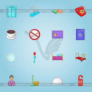 Staying in hotel icons set, cartoon style - vector image