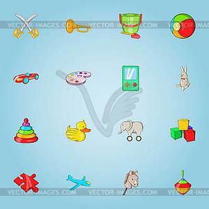 Children toy icons set, cartoon style - vector image
