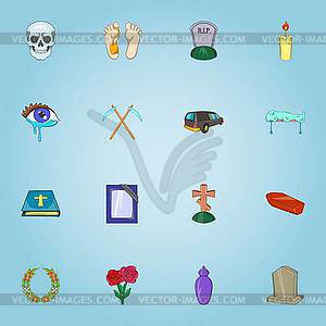 Funeral services icons set, cartoon style - vector clip art