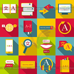 Translator profession icons set, flat style - vector image