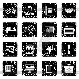 Business plan icons set, grunge style - vector clipart