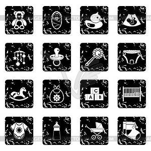 Child care icons set, grunge style - vector image