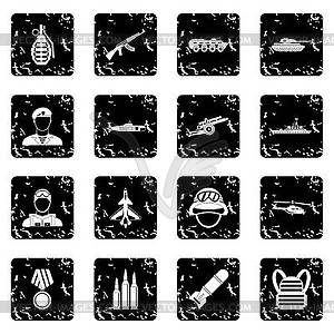 Military equipment icons set, grunge style - vector clip art