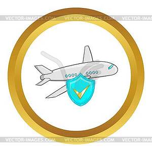 Aircraft and sky blue shield with tick icon - vector image