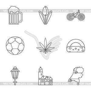 Country Holland icons set, outline style - vector clipart