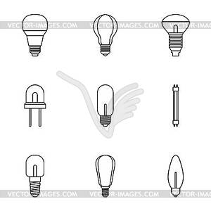 Types of lamps icons set, outline style - white & black vector clipart