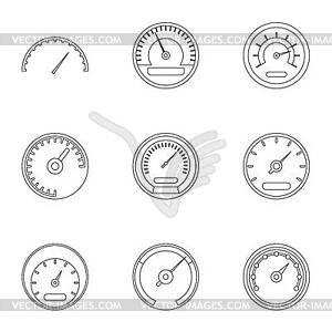 Types of speedometers icons set, outline style - vector image