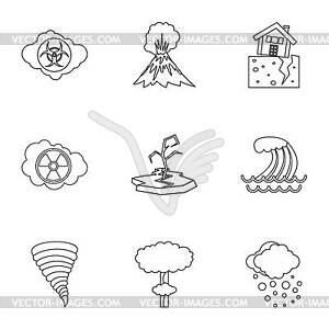 Disaster icons set, outline style - vector clipart