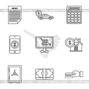 Bank and money icons set, outline style - white & black vector clipart