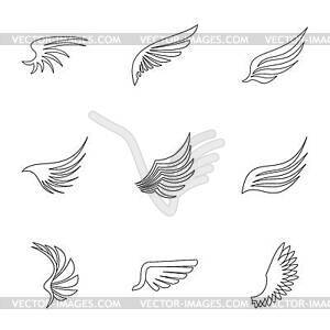 Wings of bird icons set, outline style - vector clipart