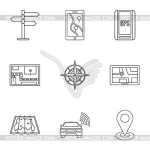 Набор значков GPS-карты, стиль контура - векторное изображение