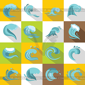 Sea waves icons set, flat style - vector image