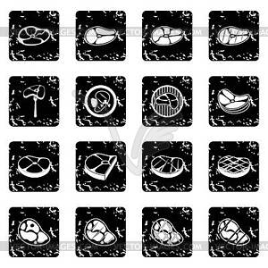 Steak set icons, grunge style - white & black vector clipart