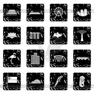 Singapore set icons, grunge style - vector image