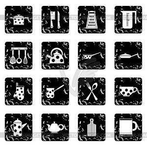 Kitchen tools and utensils set icons, grunge style - vector image