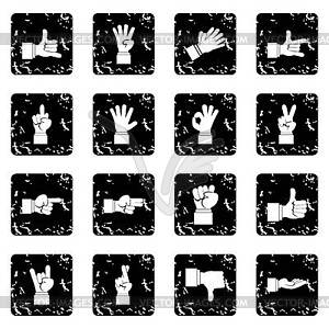 Hand gesture set icons, grunge style - vector image