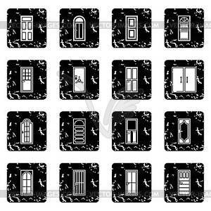 Door set icons, grunge style - vector clip art