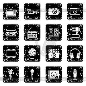 Audio and video set icons, grunge style - vector clip art