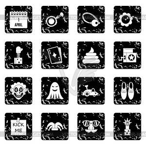 April fools day set icons, grunge style - vector clipart