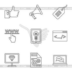 SEO promotion icons set, outline style - vector image