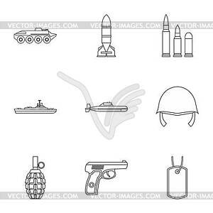 Weapons icons set, outline style - vector image