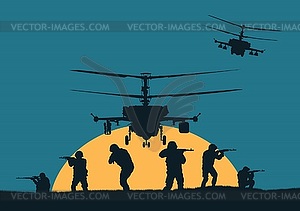 , soldiers going to attack and helicopters - vector clipart