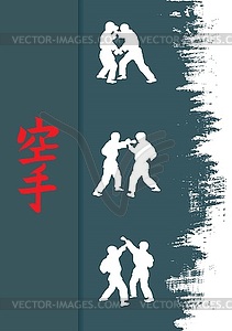 Hieroglyph of karate and men demonstrating karate - vector image