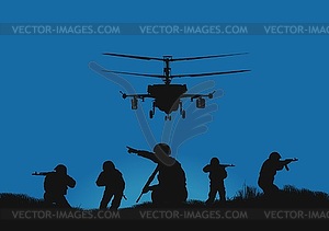 , soldiers going to attack and helicopters - vector image