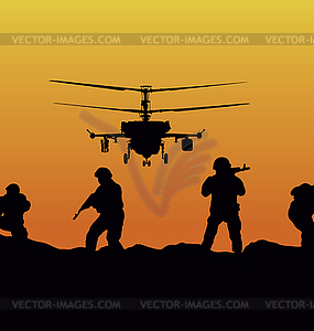 , soldiers going to attack and helicopters - vector image