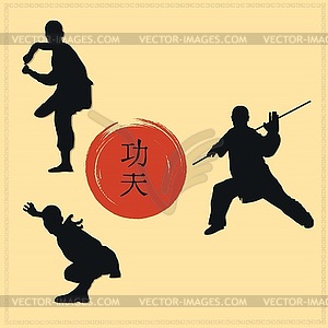 Group of men showing Kung Fu and hieroglyph on red - stock vector clipart