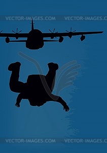 , military aircraft and paratrooper - vector image