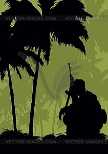 Soldier on mission in jungle - vector image