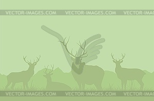 Herd of deer on green background - vector image