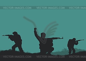 Four soldiers on background sun - vector image