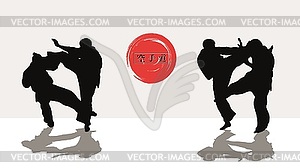 Hieroglyph of karate and men demonstrating karate - vector clipart