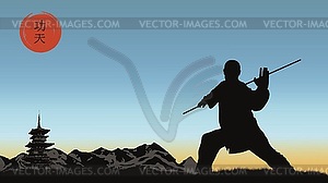 Man demonstrates technique of Kung Fu - vector image