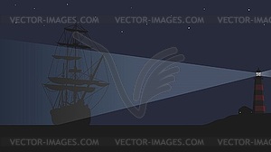 Lighthouse and large sailing ship - vector clipart